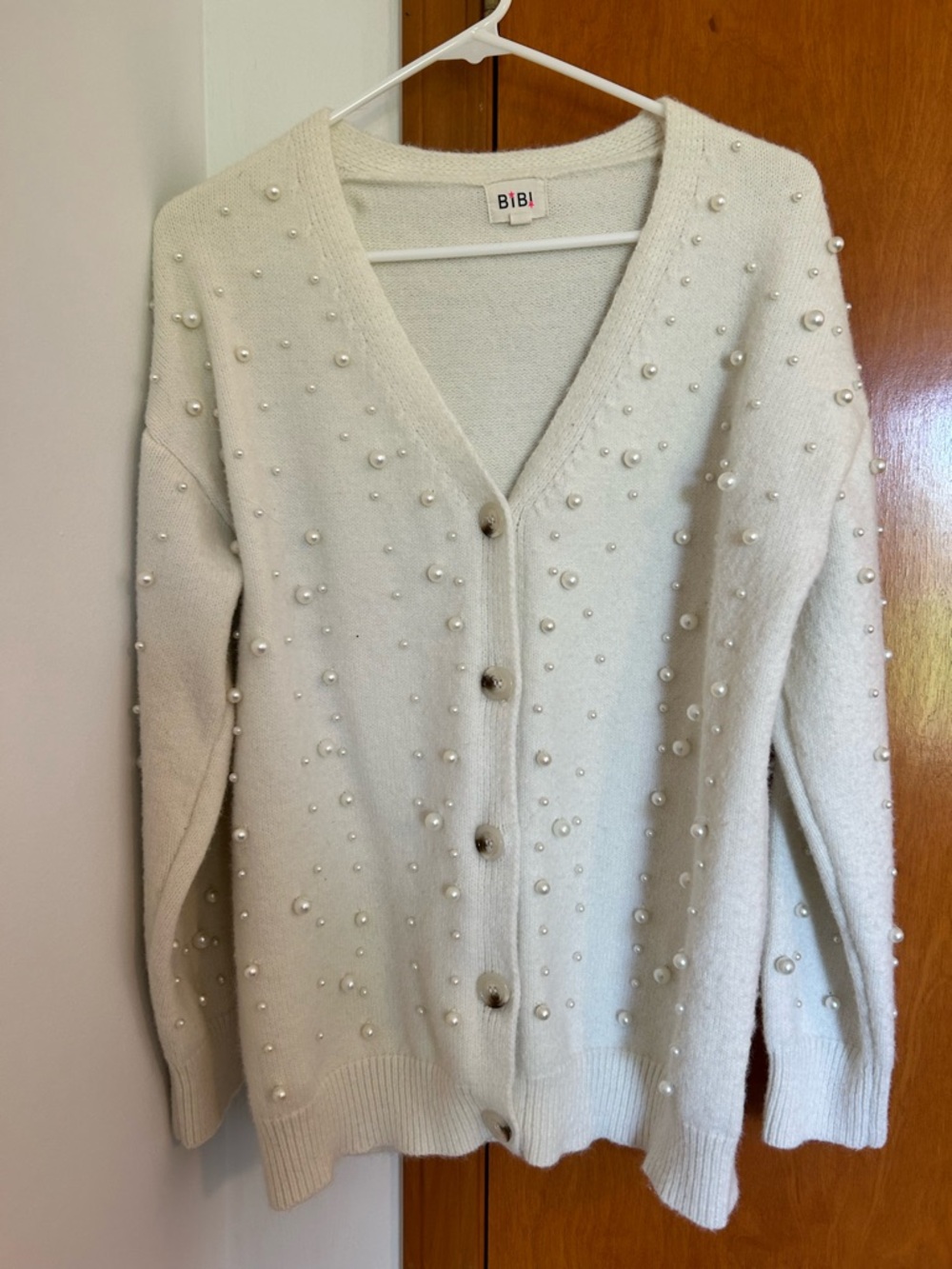 EUC pearl white cardigan with pearl embellishments